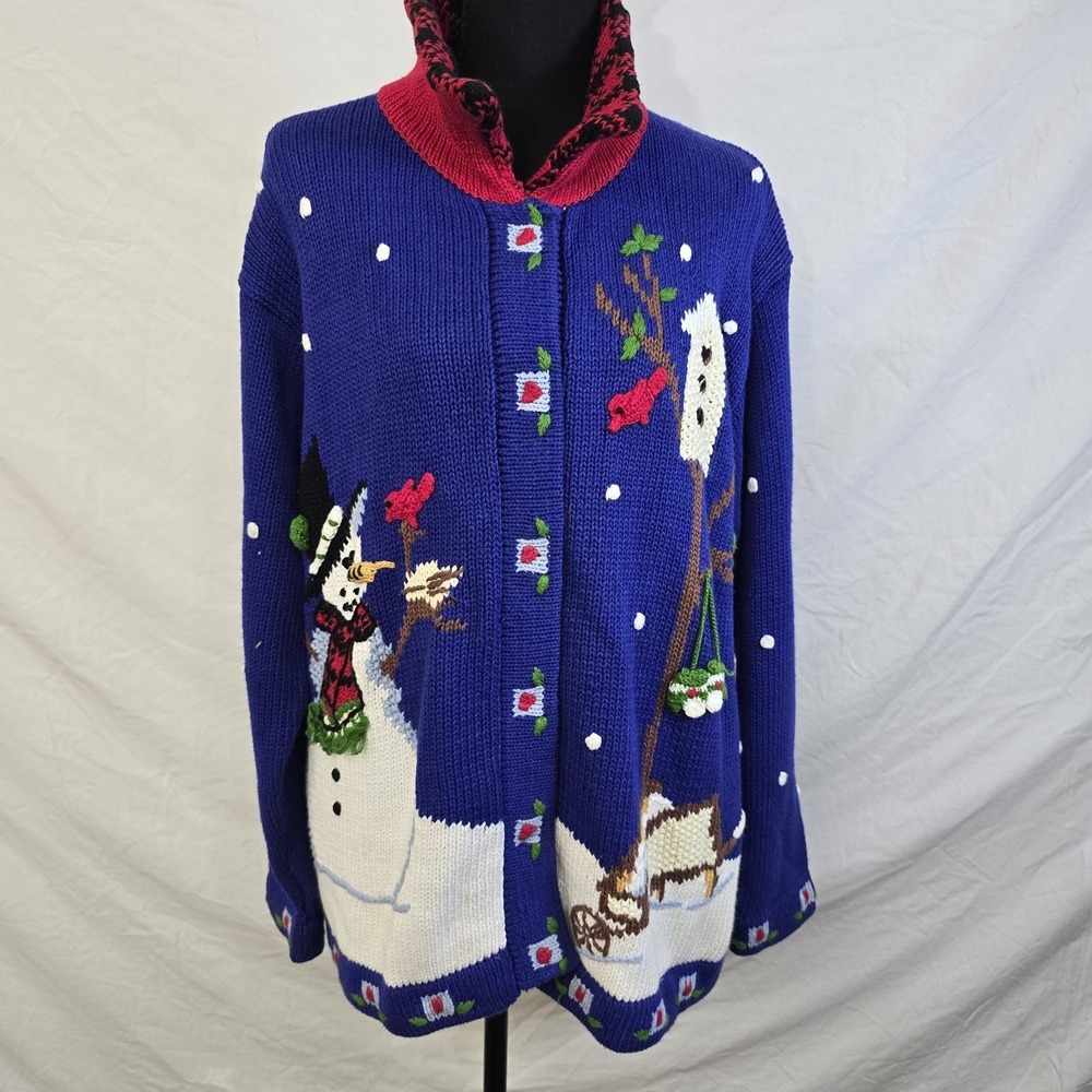 Storybook Knits Snowman Christmas Sweater Cardinal Blue Large‎ Grandmacore Vtg